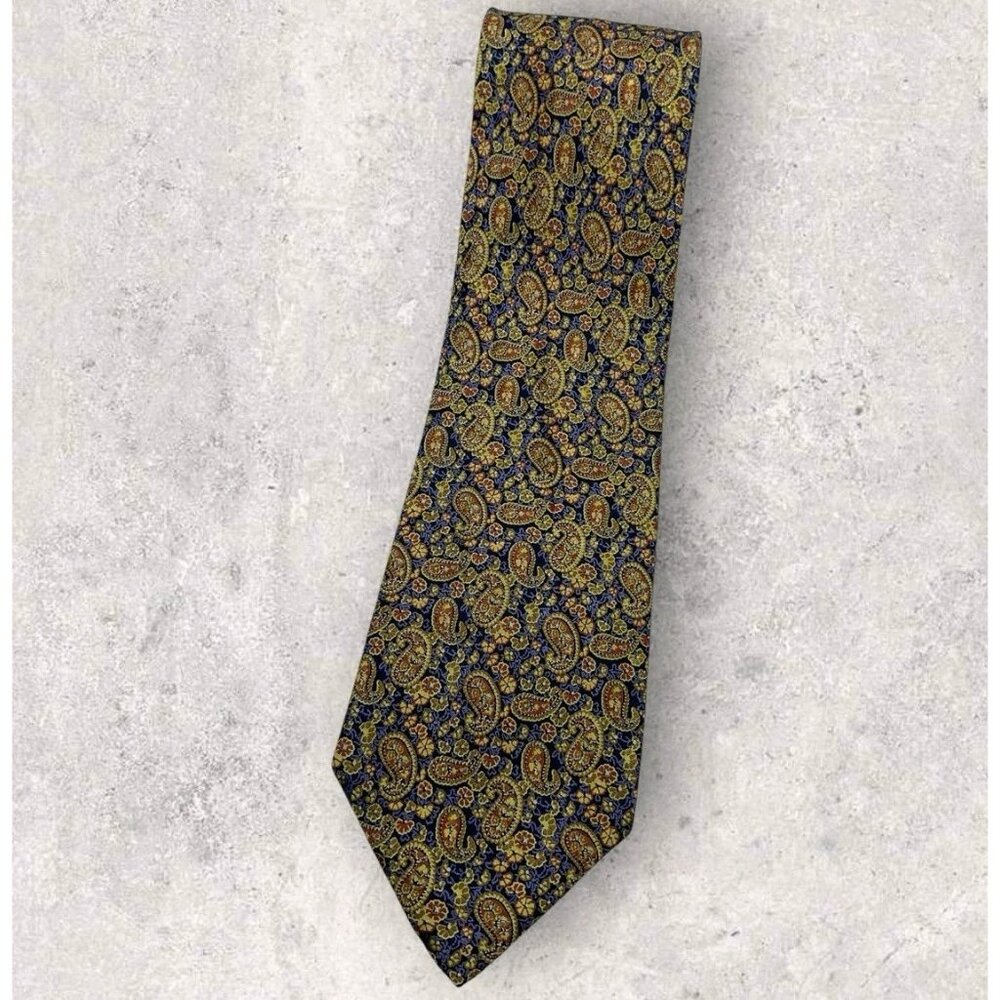 SANTOSTEFANO Silk Tie ITALY Blue Gold Brown Paisley Floral W:4" EUC